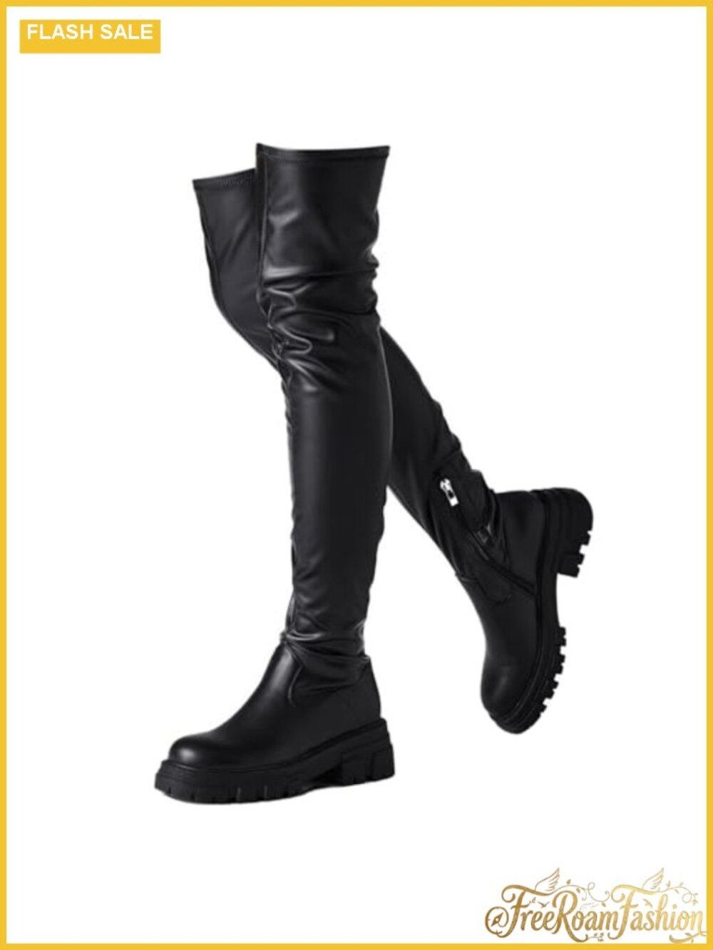 Women Thigh High Platform Boots Faux Leather Chunky Heel Over Knee Stretchy